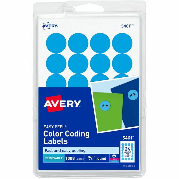 Avery® Removable Color-Coding Labels, 3/4" Diameter, 1,008 Labels (5461) - - Width3/4" Diameter - Removable Adhesive - Round - Laser, Inkjet - Light Blue - Paper - 24 / Sheet - 42 Total Sheets - 1008 Total Label(s) - 1008 / Pack - Removable, Residue-free, Peel & Stick