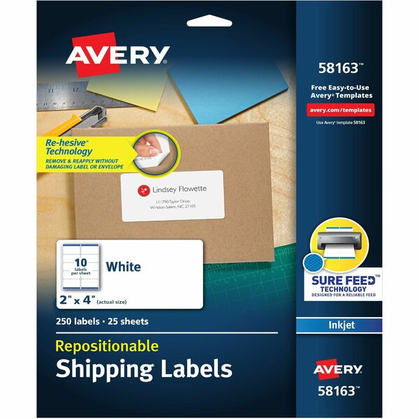 Avery® Repositionable Labels, Sure Feed, 2" x 4" , 250 Labels (58163) - 2" Width x 4" Length - Rectangle - Inkjet - White - Paper - 10 / Sheet - 25 Total Sheets - 250 Total Label(s) - 5 - Repositionable, Jam Resistant, Customizable