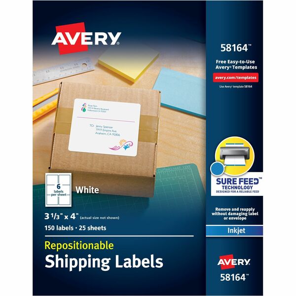 Avery® Repositionable Labels, Sure Feed, 3-1/3"x4" , 150 Labels (58164) - 3 21/64" Width x 4" Length - Permanent Adhesive - Rectangle - Inkjet - White - Paper - 6 / Sheet - 25 Total Sheets - 150 Total Label(s) - 150 / Pack - Repositionable, Adhesive, Stick & Lift, Customizable