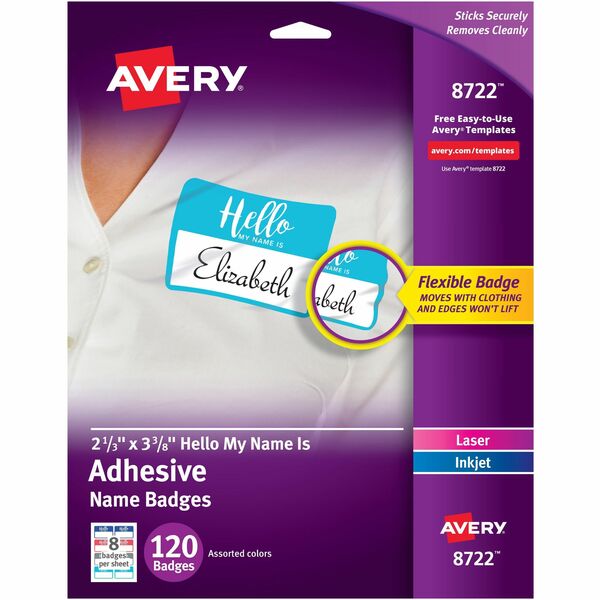 Avery® Self-Adhesive Name Tags - "Hello My Name Is" - 11" Height x 8 1/2" Width - Removable Adhesive - Rectangle - Laser, Inkjet - White - Film - 8 / Sheet - 15 Total Sheets - 120 Total Label(s) - 5