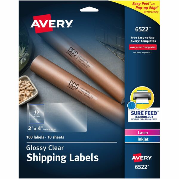 Avery® Shipping Labels, Glossy Clear, 2" x 4" , 100 Labels (6522) - 2" Width x 4" Length - Permanent Adhesive - Rectangle - Laser, Inkjet - Clear - Film - 10 / Sheet - 10 Total Sheets - 100 Total Label(s) - 5 - Permanent Adhesive, Jam Resistant, Easy Peel, Pop Up Edge