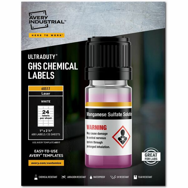Avery® UltraDuty Chemical Label - Waterproof - 1" Width x 2 1/2" Length - Permanent Adhesive - Rectangle - Laser - White - Film - 24 / Sheet - 25 Total Sheets - 600 Total Label(s) - 5 - Print-to-the Edge, Permanent Adhesive, Chemical Resistant, Abrasion Resistant, Tear Resistant, Temperature Resistant, Customizable