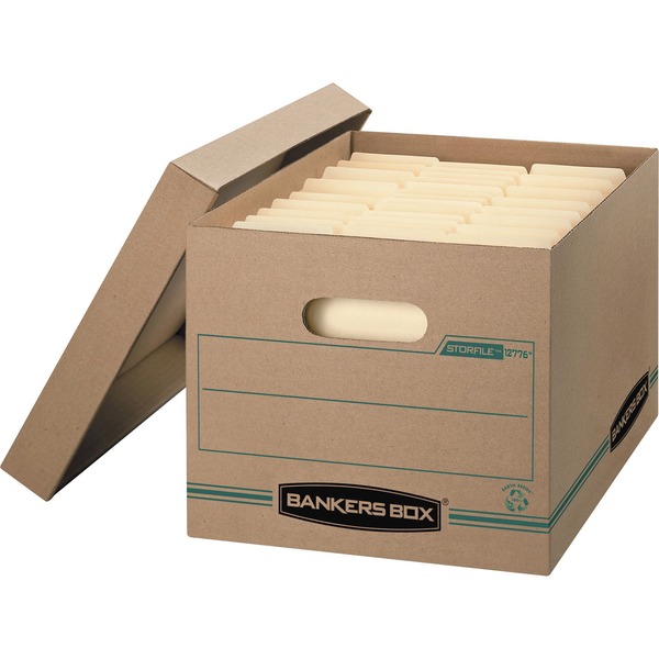 Bankers Box STOR/FILE Recycled File Storage Box - Internal Dimensions: 12" Width x 15" Depth x 10" Height - External Dimensions: 12.5" Width x 16.3" Depth x 10.5" Height - Media Size Supported: Legal, Letter - Lift-off Closure - Medium Duty - Single/Double/Double Bottom Wall - Stackable - Kraft, Green - Recycled - 20 / Carton