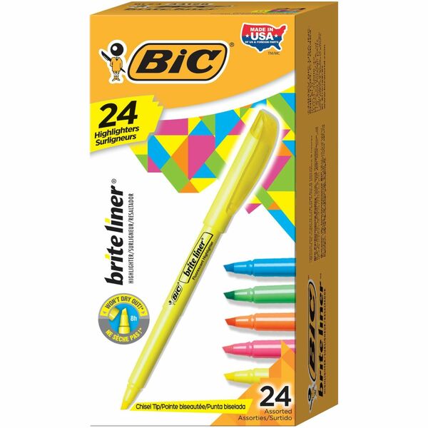 BIC Brite Liner Highlighter, Assorted, 24 Pack - Chisel Marker Point Style - Fluorescent Assorted - 24 Pack