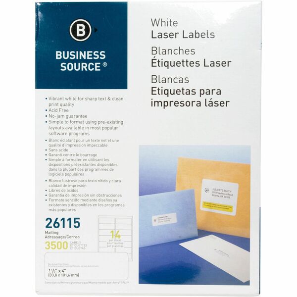 Business Source Bright White Premium-quality Address Labels - 1 1/3" Width x 4" Length - Permanent Adhesive - Rectangle - Laser, Inkjet - White - 14 / Sheet - 100 Total Sheets - 1400 / Pack - Lignin-free, Jam-free