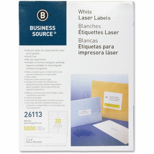 Business Source Bright White Premium-quality Address Labels - 1" Width x 4" Length - Permanent Adhesive - Rectangle - Laser, Inkjet - White - 20 / Sheet - 100 Total Sheets - 2000 / Pack - Lignin-free, Jam-free