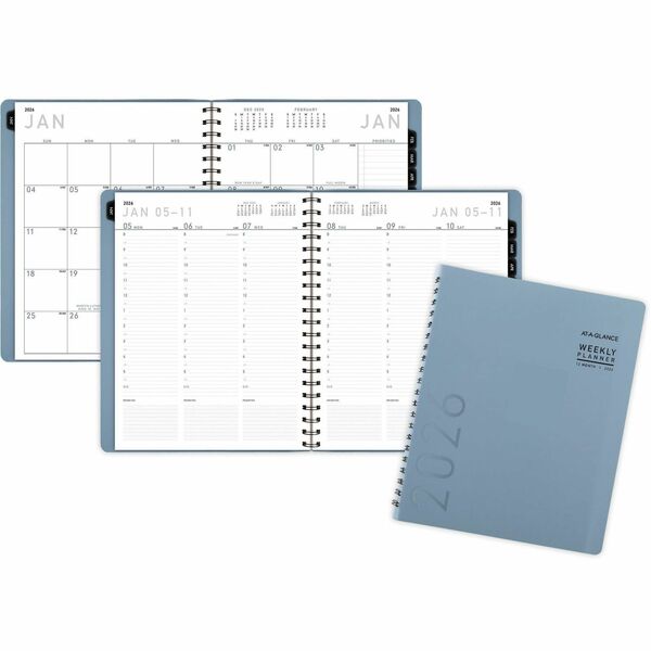 At-A-Glance Contemporary Weekly/Monthly Planner - Large Size - Weekly, Monthly - 12 Month - January 2024 - December 2024 - 8:00 AM to 5:30 PM - Half-hourly - Monday - Friday - 2 Week, 2 Month Double Page Layout - 8 1/4" x 11" Sheet Size - Twin Wire - Slate Blue - Paper - Slate Blue CoverDated Planning Page, Bleed Resistant, Tabbed, Unruled Daily Block, Durable, Contact Sheet, Double-sided Pocket - 1 Each