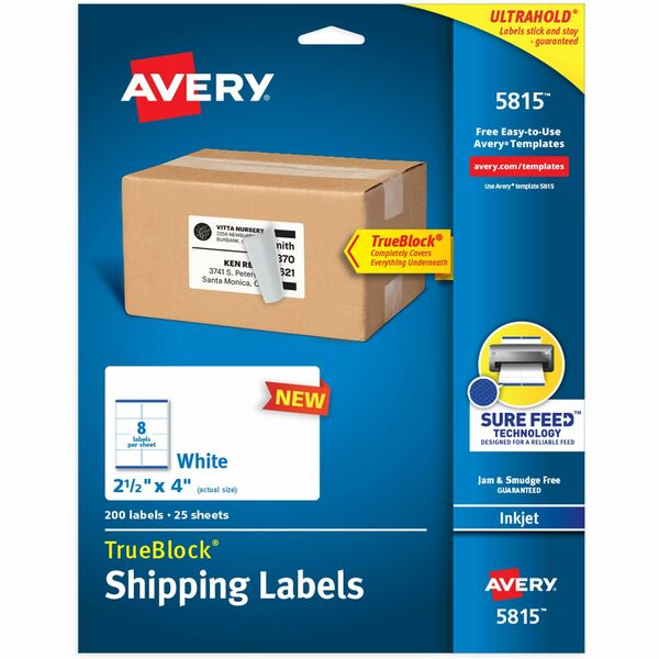 Avery® Avery® Printable Shipping Labels, 2.5" x 4" , 200 Labels (5815) - 2 1/2" Width x 4" Length - Permanent Adhesive - Rectangle - Inkjet - White - Paper - 8 / Sheet - 25 Total Sheets - 200 Total Label(s) - 200 / Pack - Customizable, Smudge-free, Jam-free, Smudge Resistant, Stick & Stay