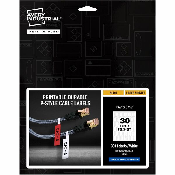 Avery® Cable Labels, P-Style, 1.02" x 3.3" , 300 Total (61540) - Waterproof - 1 1/64" Width x 3 19/64" Length - Permanent Adhesive - P-shaped - Laser - White - Film - 30 / Sheet - 10 Total Sheets - 300 Total Label(s) - Durable, Uncoated, Chlorine-free, PVC-free, Tear Resistant, Print-to-the Edge, Write-on Label, Self-adhesive