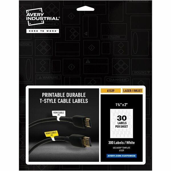 Avery® Cable Labels, T-Style, 1.25" x 2" , 300 Total (61539) - Waterproof - 1 1/4" Width x 2" Length - Permanent Adhesive - T-shaped - Inkjet, Laser - White - Film - 30 / Sheet - 10 Total Sheets - 300 Total Label(s) - Durable, Uncoated, Chlorine-free, PVC-free, Tear Resistant, Print-to-the Edge, Write-on Label, Self-adhesive