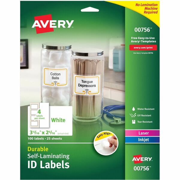 Avery® Easy Align ID Label - 2 5/16" Width x 3 5/16" Length - Permanent Adhesive - Rectangle - Laser, Inkjet - White - Film, Laminate - 4 / Sheet - 25 Total Sheets - 100 Total Label(s) - 5