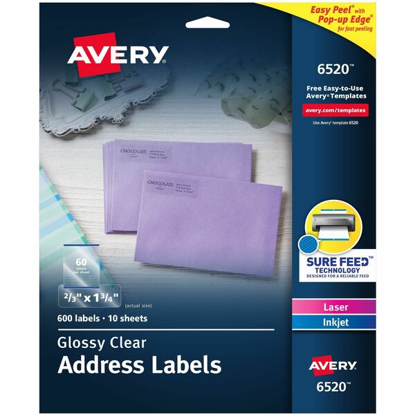Avery® Easy Peel High Gloss Clear Mailing Labels - 21/32" Width x 1 3/4" Length - Permanent Adhesive - Rectangle - Laser, Inkjet - Clear - Film - 60 / Sheet - 10 Total Sheets - 600 Total Label(s) - 600 / Pack