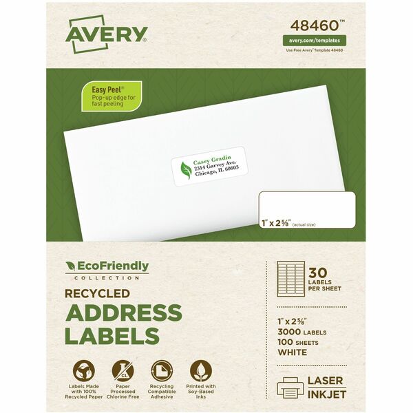 Avery® EcoFriendly Address Labels - 1" Width x 2 5/8" Length - Permanent Adhesive - Rectangle - Laser, Inkjet - White - Paper - 30 / Sheet - 100 Total Sheets - 3000 Total Label(s) - 3000 / Box