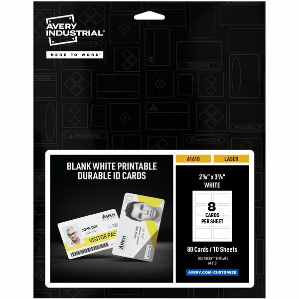 Avery® ID Card - 80 Packaged Quantity - 3.4" Width x 2.1" Height - Rectangular Shape - Double Sided - Durable, Hand Writable, Printable, Water Proof, Chemical Resistant, Abrasion Resistant, Tear Resistant, UV Resistant - PET - White