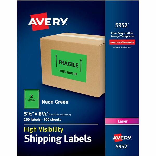 Avery® Neon Shipping Labels, 5-1/2" x 8-1/2" , 200 Labels (5952) - 5 1/2" Width x 8 1/2" Length - Permanent Adhesive - Rectangle - Laser - Neon Green - Paper - 2 / Sheet - 100 Total Sheets - 200 Total Label(s) - 200 / Box - Permanent Adhesive, Stick & Stay, Smudge Resistant