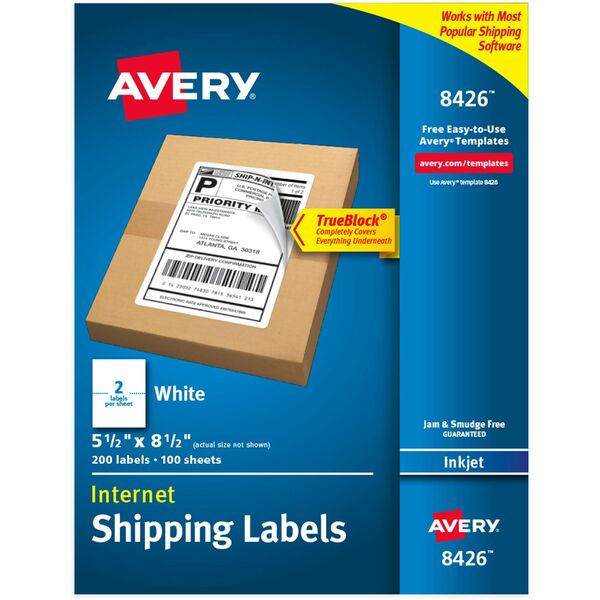 Avery® Printable Shipping Labels, 5.5" x 8.5" , 200 Labels (8426) - 5 1/2" Width x 8 1/2" Length - Permanent Adhesive - Rectangle - Inkjet - White - Paper - 2 / Sheet - 100 Total Sheets - 200 Total Label(s) - 200 / Pack - Jam-free, Smudge-free, Stick & Stay