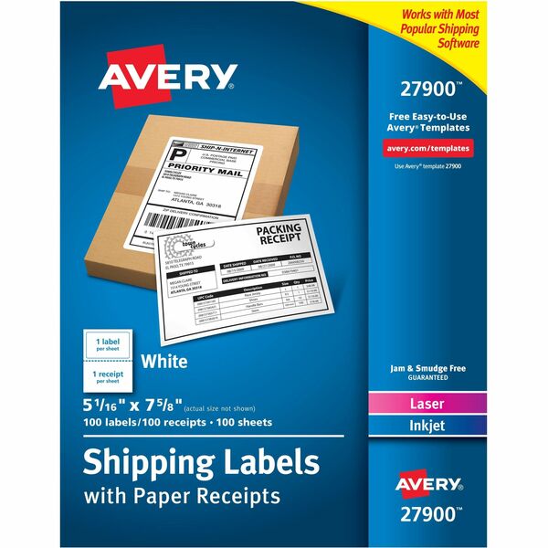 Avery® Shipping Labels with Receipt, 5-1/16" x 7-5/8" 100 Count (27900) - 7 5/8" Length - Permanent Adhesive - Rectangle - Laser, Inkjet - White - Paper - 1 / Sheet - 100 Total Sheets - 100 Total Label(s) - 5 - Permanent Adhesive, Smudge-free, Jam-free