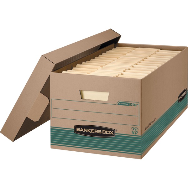 Bankers Box STOR/FILE Recycled File Storage Box - Internal Dimensions: 12" Width x 24" Depth x 10" Height - External Dimensions: 12.9" Width x 25.4" Depth x 10.3" Height - Media Size Supported: Letter - Lift-off Closure - Medium Duty - Stackable - Kraft, Green - For File - Recycled - 12 / Carton