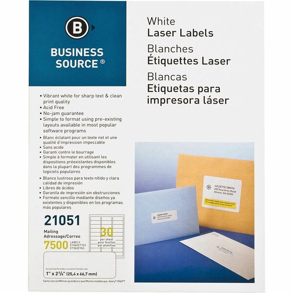 Business Source Bright White Premium-quality Address Labels - 1" Width x 2 5/8" Length - Permanent Adhesive - Rectangle - Laser, Inkjet - White - 30 / Sheet - 250 Total Sheets - 7500 / Pack - Jam-free
