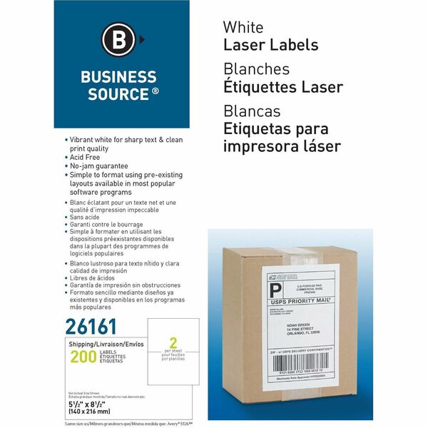Business Source Shipping Labels - 5 1/2" Width x 8 1/2" Length - Permanent Adhesive - Rectangle - Laser, Inkjet - White - 2 / Sheet - 100 Total Sheets - 200 / Box - Lignin-free, Jam-free, Smudge Resistant