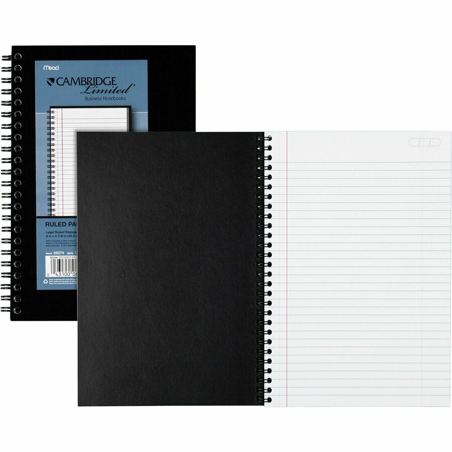 Cambridge Limited Business Notebooks - 80 Sheets - Wire Bound - College Ruled - 0.28" Ruled - 20 lb Basis Weight - 8" x 5" - White Paper - Black Binder - BlackLinen Cover - Bond Paper, Perforated, Subject, Flexible Cover, Durable, Easy Tear - 1 Each