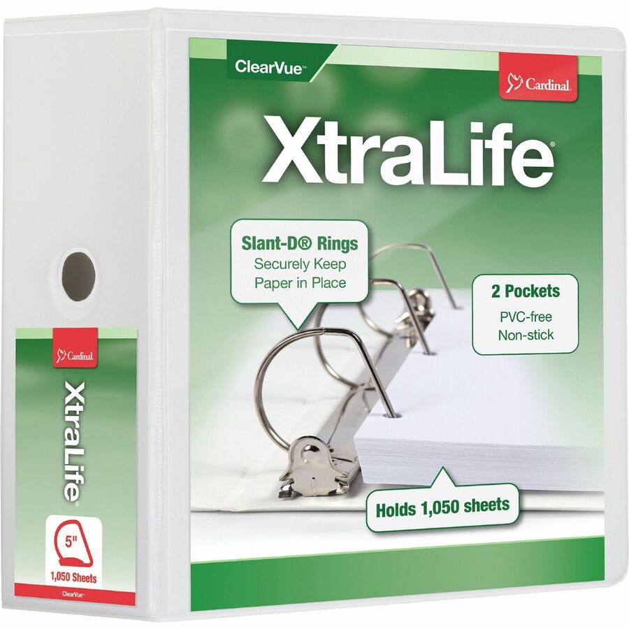 Cardinal Xtralife ClearVue Locking Slant-D Binders - 5" Binder Capacity - Letter - 8 1/2" x 11" Sheet Size - 1100 Sheet Capacity - 4 3/8" Spine Width - 3 x D-Ring Fastener(s) - 2 Inside Front & Back Pocket(s) - Polyolefin - White - 2.25 lb - Non-stick, Locking Ring, PVC-free, Clear Overlay, Cold Resistant, Crack Resistant - 1 Each