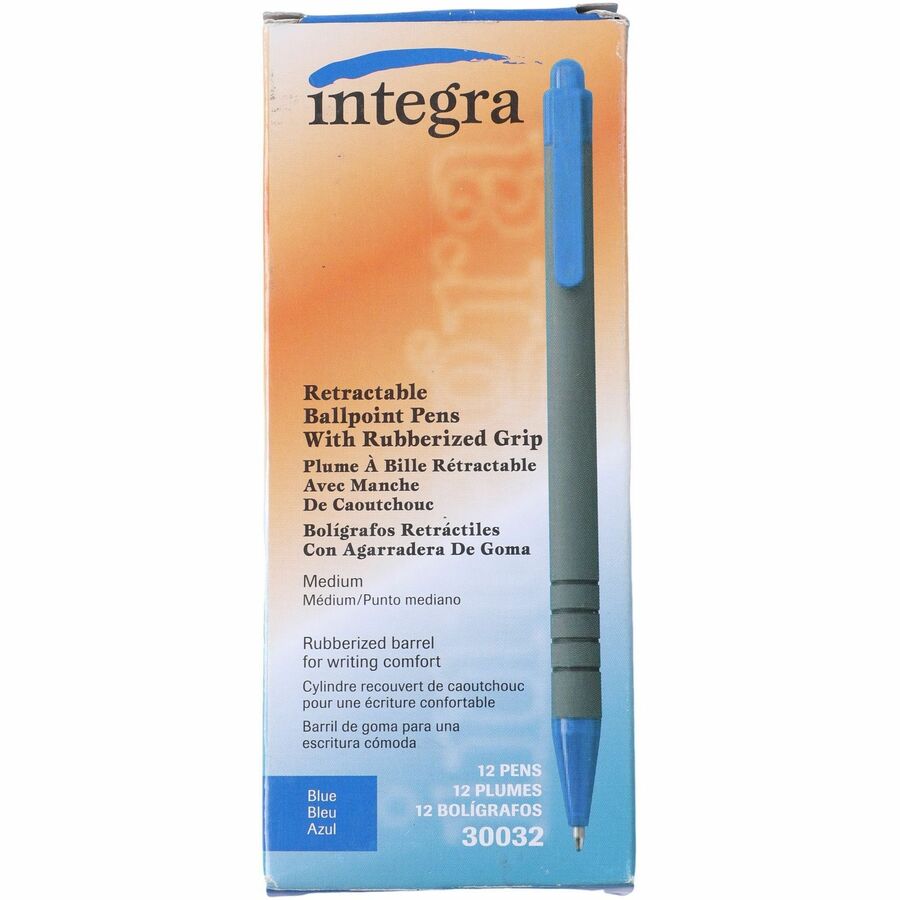 Integra Rubber Barrel Retractable Ballpoint Pens - Medium Pen Point - 1 mm Pen Point Size - Retractable - Blue - Rubber Barrel - 1 Dozen