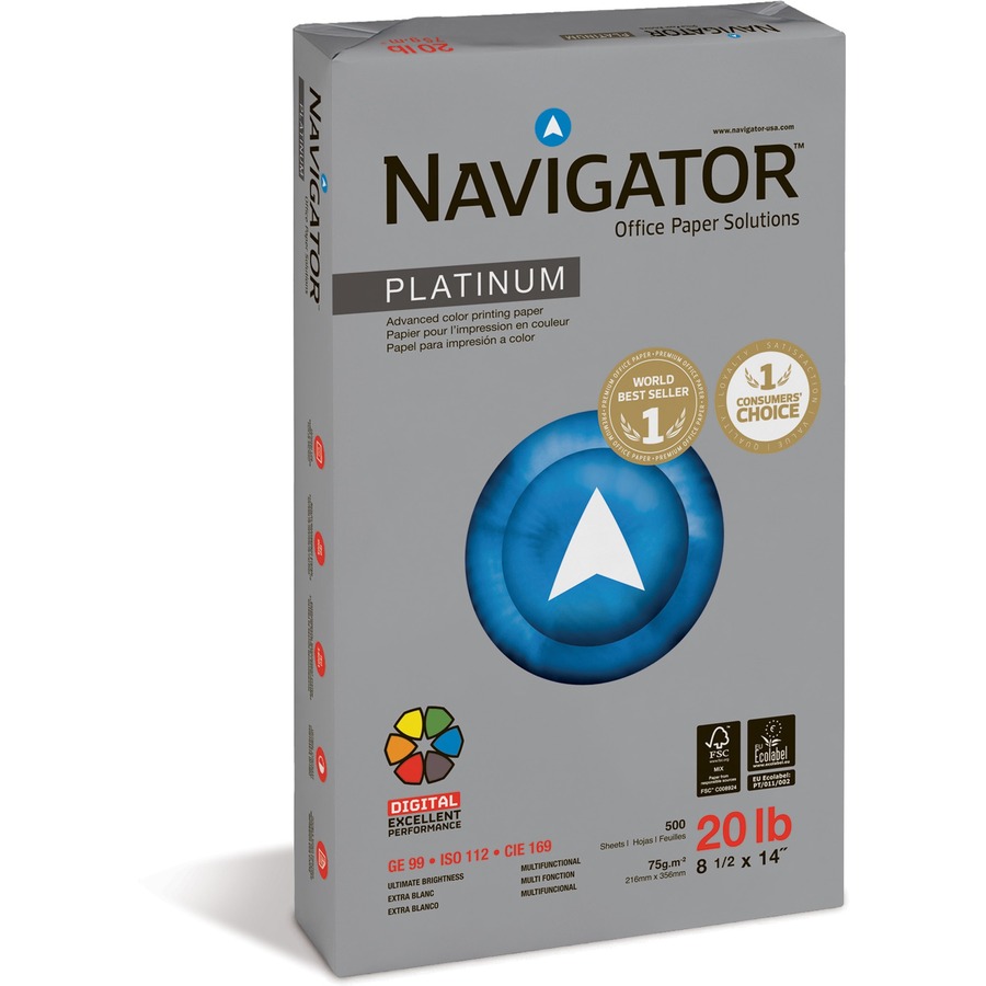 Navigator Platinum Office Multipurpose Paper - 99 Brightness - Legal - 8 1/2" x 14" - 20 lb Basis Weight - Smooth - 5000 / Carton - Chlorine-free