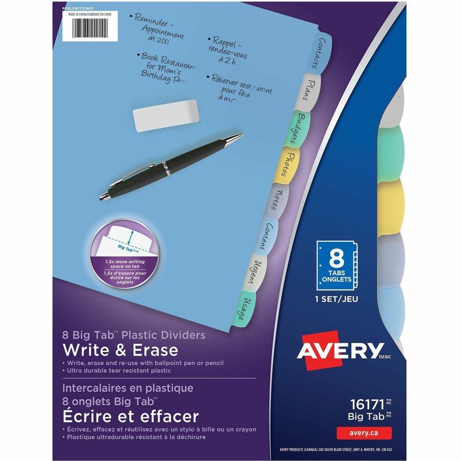 Avery® Big Tab Write & Erase Durable Plastic Dividers, 8 Multicolor Tabs, 1 Set - 8 x Divider(s) - Write-on Tab(s) - 8 - 8 Tab(s)/Set - 8.5" Divider Width x 11" Divider Length - 3 Hole Punched - Multicolor Plastic Divider - Multicolor Plastic Tab(s) - 8 / Set