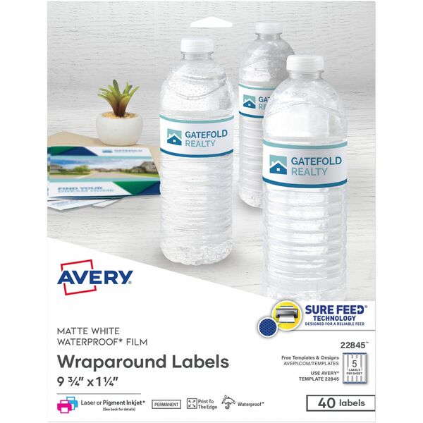 Avery® Durable Waterproof Labels, 1.25" x 9.75" , 40 Total - Waterproof - 9 3/4" Width x 1 1/4" Length - Permanent Adhesive - Rectangle - Laser, Inkjet - White - Film - 5 / Sheet - 8 Total Sheets - 40 Total Label(s) - 40 / Pack - Water Resistant - Print-to-the Edge, Permanent Adhesive, Durable, Oil Resistant, Bleed Resistant, Customizable, Stick & Stay, Curl Resistant, Peeling Resistant