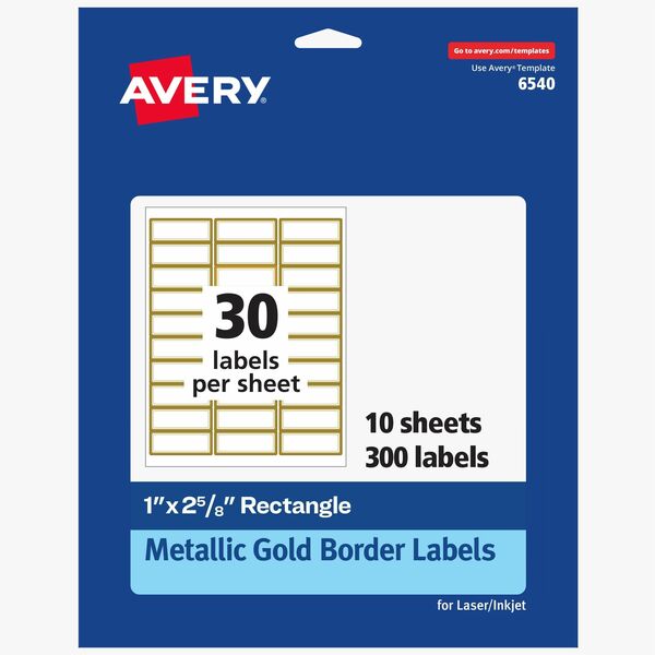 Avery® Permanent Address Labels - 1" Width x 2 5/8" Length - Permanent Adhesive - Rectangle - Inkjet, Laser - Matte White, Metallic Gold - 30 / Sheet - 10 Total Sheets - 300 / Pack - Permanent Adhesive, Peel-off, Curl Resistant, Stick & Stay, Pop Up Edge, Tear Proof