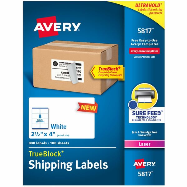 Avery® Printable Shipping Labels, 2.5" x 4" , 800 Labels (5817) - 2 1/2" Width x 4" Length - Permanent Adhesive - Rectangle - Laser - White - Paper - 8 / Sheet - 100 Total Sheets - 800 Total Label(s) - 800 / Pack - Durable