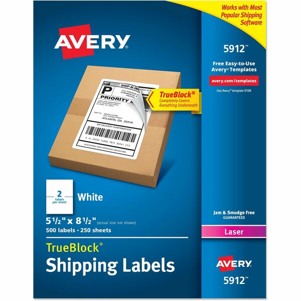 Avery® TrueBlock Shipping Label - 5 1/2" Width x 8 1/2" Length - Permanent Adhesive - Rectangle - Laser - White - Paper - 2 / Sheet - 250 Total Sheets - 500 Total Label(s) - 500 / Pack