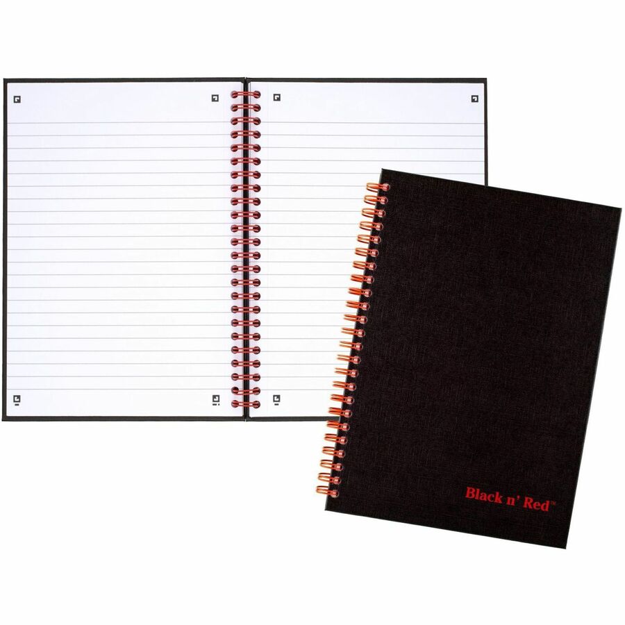 Black n' Red Wirebound Ruled Notebook - A5 - 70 Sheets - Wire Bound - 24 lb Basis Weight - A5 - 5 7/8" x 8 1/4" - White Paper - Red Binder - Black Cover - Perforated, Wipe-clean Cover, Laminated, Pocket - 1 Each