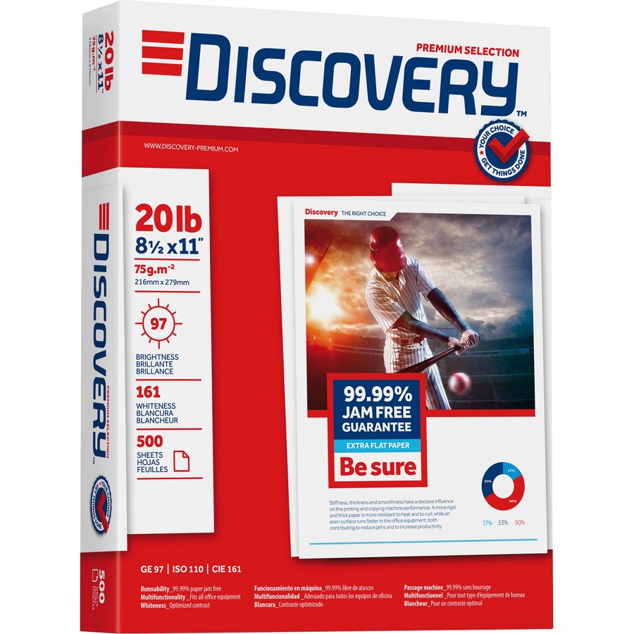 Discovery Premium Multipurpose Paper - Anti-Jam - Ultra White - 97 Brightness - Letter - 8 1/2" x 11" - 20 lb Basis Weight - 2500 / Carton - Excellent Ink Absorption