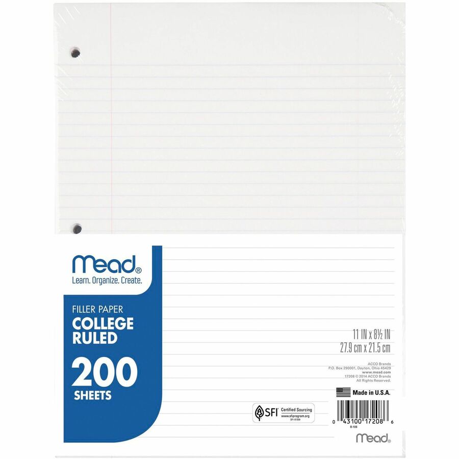 Mead Notebook Filler Paper - Letter - 200 Sheets - Spiral - 0.31" Ruled - Ruled Red Margin - 16 lb Basis Weight - Letter - 8 1/2" x 11" - White Paper - 200 / Pack