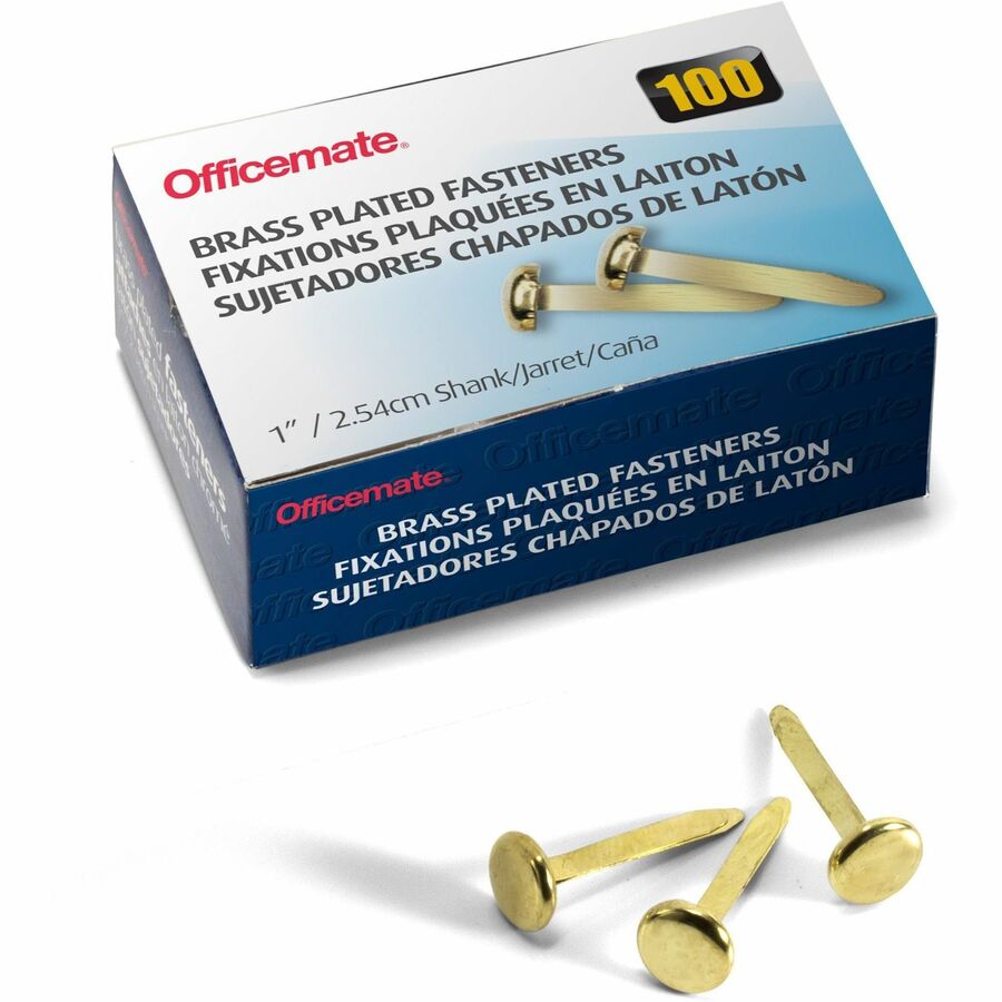 Officemate Round Head Fasteners - 1" Shank - 0.38" Head - 100 / Box - Brass