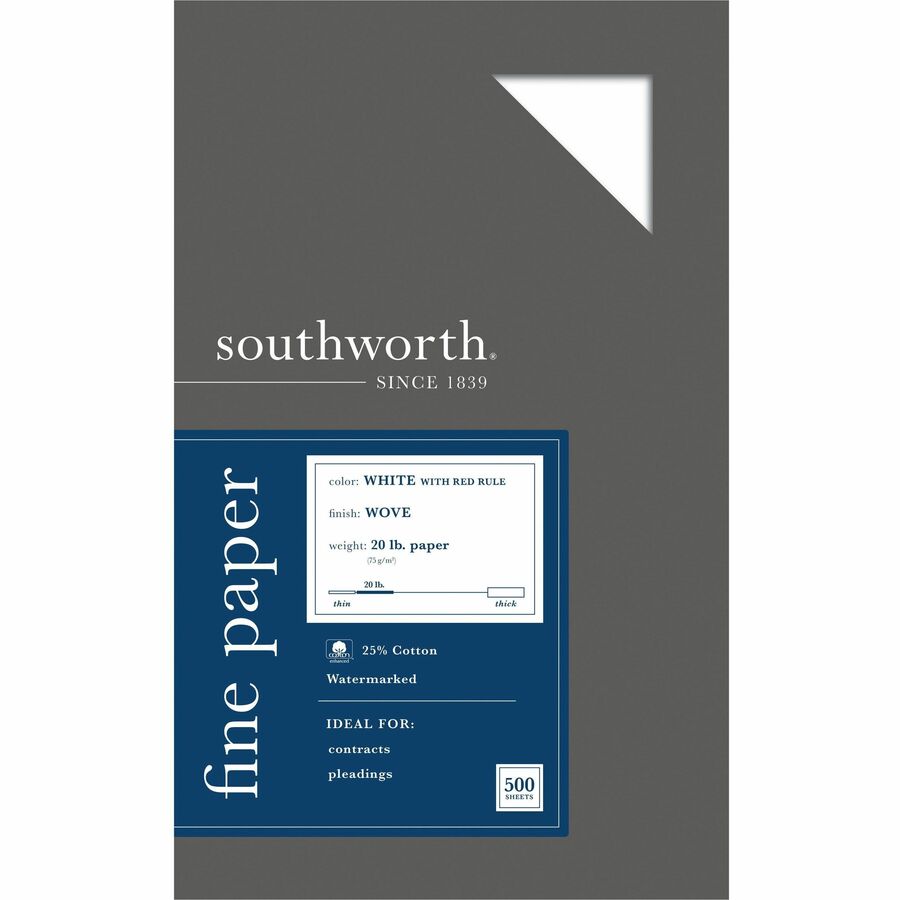 Southworth Red Ruled Business Paper - Legal - 8 1/2" x 14" - 20 lb Basis Weight - Wove - 500 / Box - FSC - Acid-free, Watermarked, Date-coded, Lignin-free
