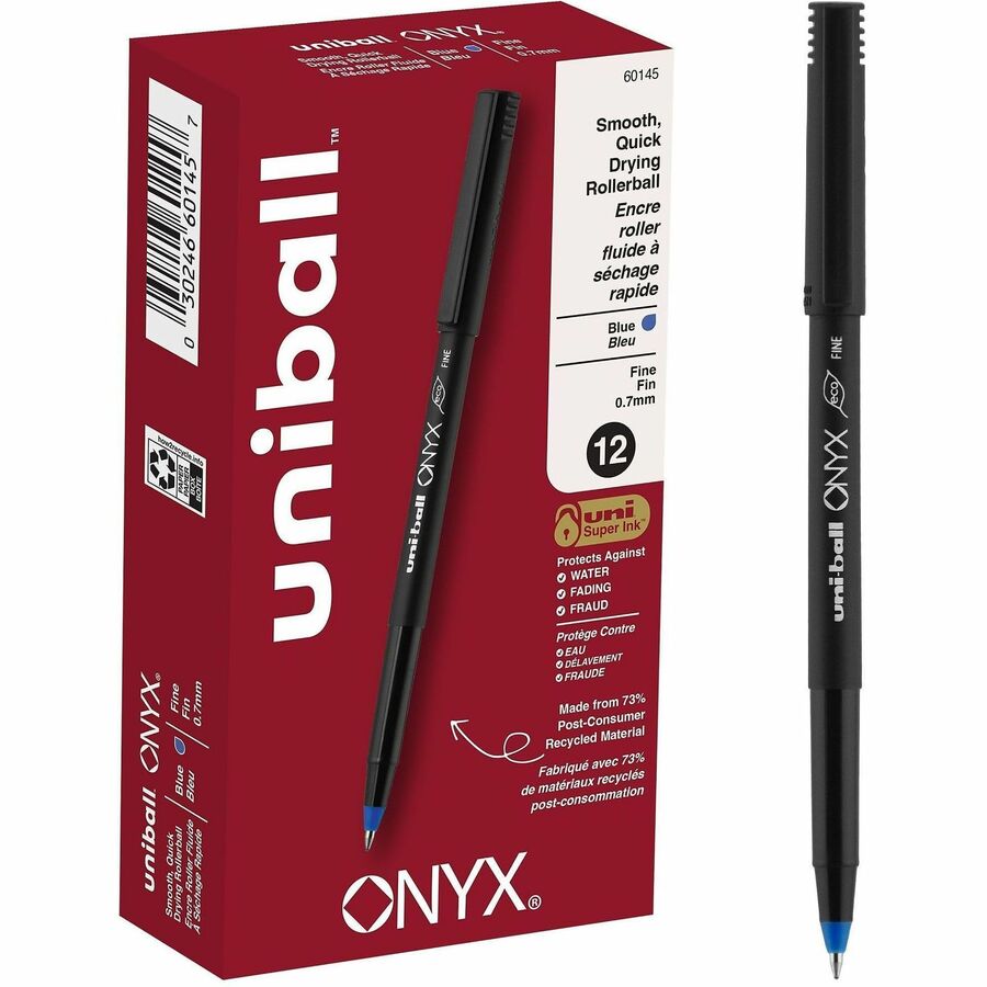 uniball™ Onyx Rollerball Pens - Fine Pen Point - 0.7 mm Pen Point Size - Blue - Metal Tip - 1 Dozen
