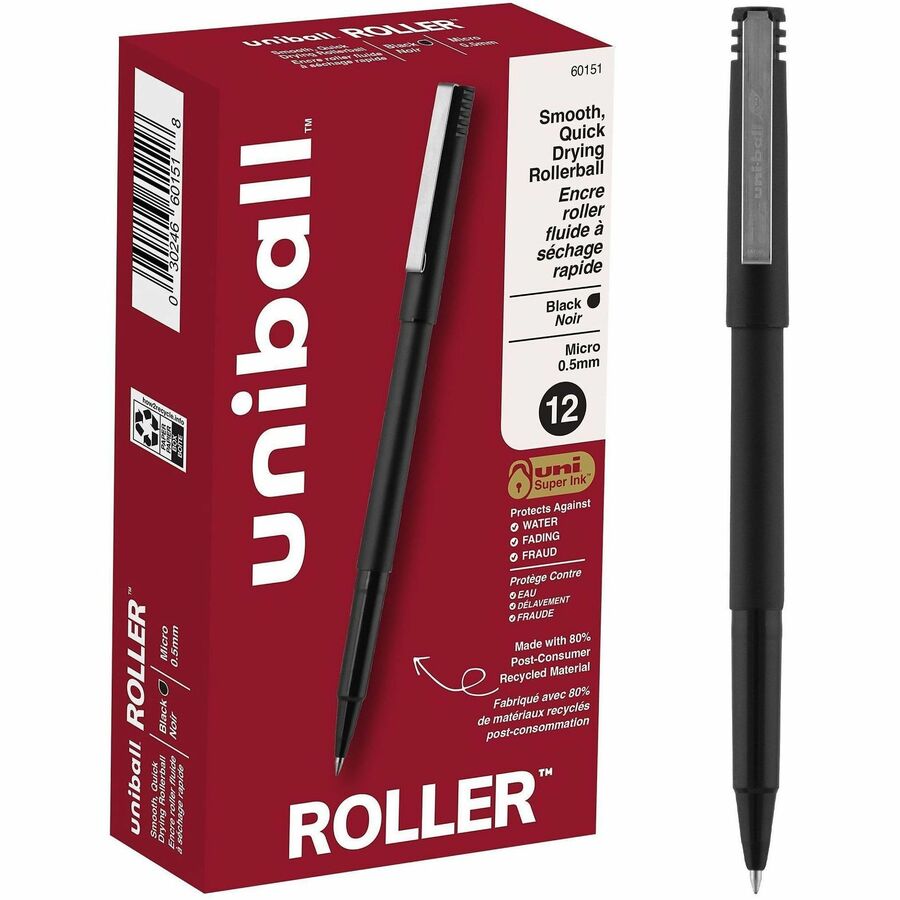 uniball™ Roller Rollerball Pen - Micro Pen Point - 0.5 mm Pen Point Size - Black Water Based Ink - Black Stainless Steel Barrel - 1 Dozen