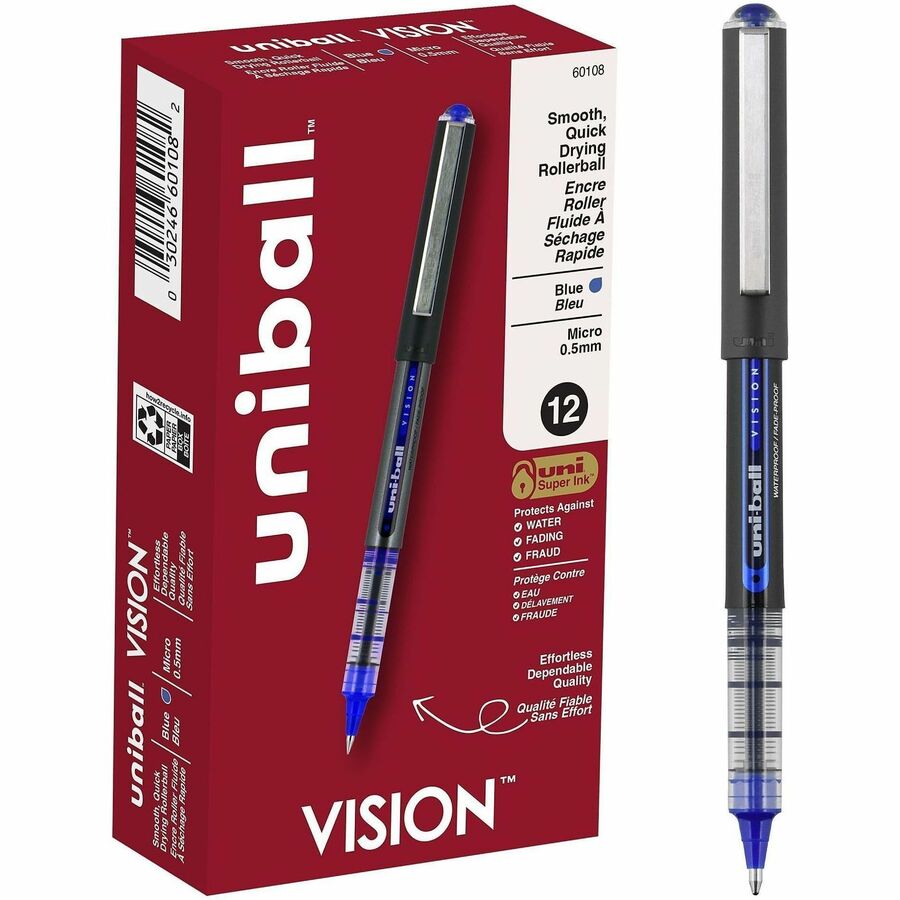 uniball™ Vision Rollerball Pens - Micro Pen Point - 0.5 mm Pen Point Size - Blue - 1 Dozen
