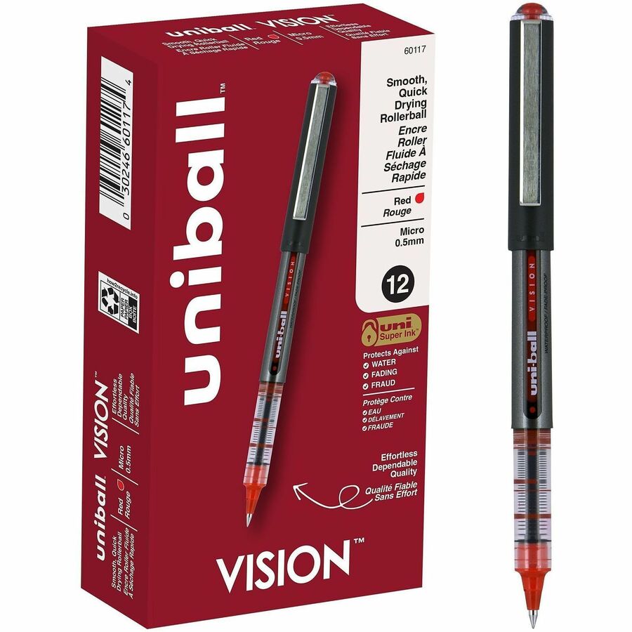 uniball™ Vision Rollerball Pens - Micro Pen Point - 0.5 mm Pen Point Size - Red - 1 Dozen