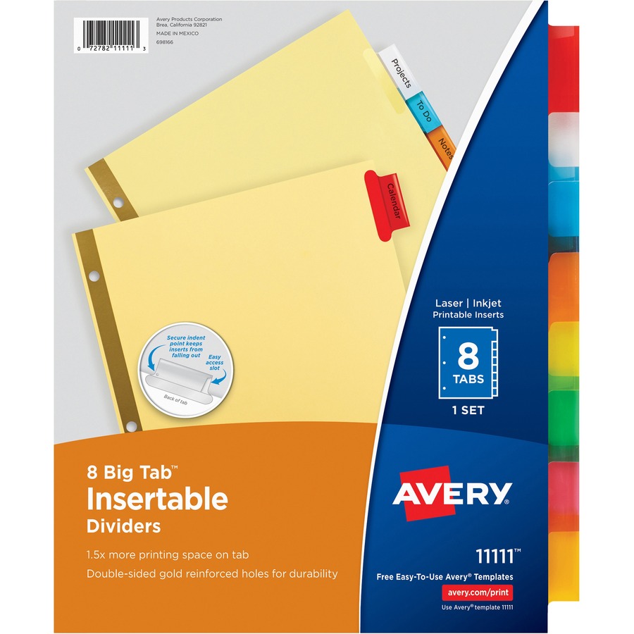 Avery® Big Tab Insertable Dividers - Reinforced Gold Edge - 8 Blank Tab(s) - 8 Tab(s)/Set - 8.5" Divider Width x 11" Divider Length - Letter - 3 Hole Punched - Buff Paper Divider - Multicolor Tab(s) - 8 / Set