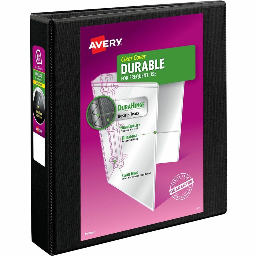Avery® Durable View Binder - EZD Rings - 1 1/2" Binder Capacity - Letter - 8 1/2" x 11" Sheet Size - 400 Sheet Capacity - 3 x D-Ring Fastener(s) - 4 Internal Pocket(s) - Poly - Black - Recycled - Easy Insert Spine, Exposed Rivet, Gap-free Ring, Stacked Pocket - 1 Each