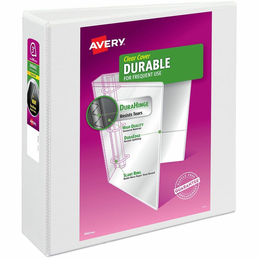 Avery® Durable View Binder - EZD Rings - 3" Binder Capacity - Letter - 8 1/2" x 11" Sheet Size - 670 Sheet Capacity - 3 x D-Ring Fastener(s) - 4 Internal Pocket(s) - Poly - White - Recycled - Easy Insert Spine, Exposed Rivet, Gap-free Ring, Stacked Pocket - 1 Each