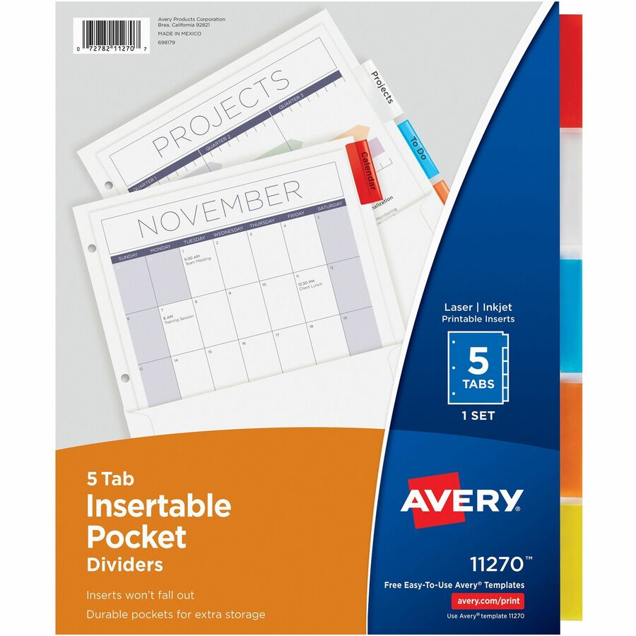 Avery® Pocket Insertable Dividers - 5 Tab(s) - 5 Tab(s)/Set - 11" Divider Width - Assorted Paper Divider - Multicolor Tab(s) - 5 / Set