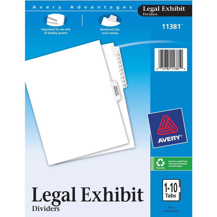 Avery® Premium Collated Legal Exhibit Dividers with Table of Contents Tab - Avery Style - 11 x Divider(s) - Printed Tab(s) - Digit - 1-10 - 11 Tab(s)/Set - 8.5" Divider Width x 11" Divider Length - Letter - White Paper Divider - White Tab(s) - 10 / Set