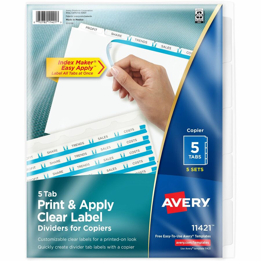 Avery® Print & Apply Clear Label Dividers - Index Maker Easy Peel Printable Labels - 5 x Divider(s) - Blank Tab(s) - 5 Tab(s)/Set - 8.5" Divider Width x 11" Divider Length - Letter - White Divider - White Tab(s) - 5 / Pack