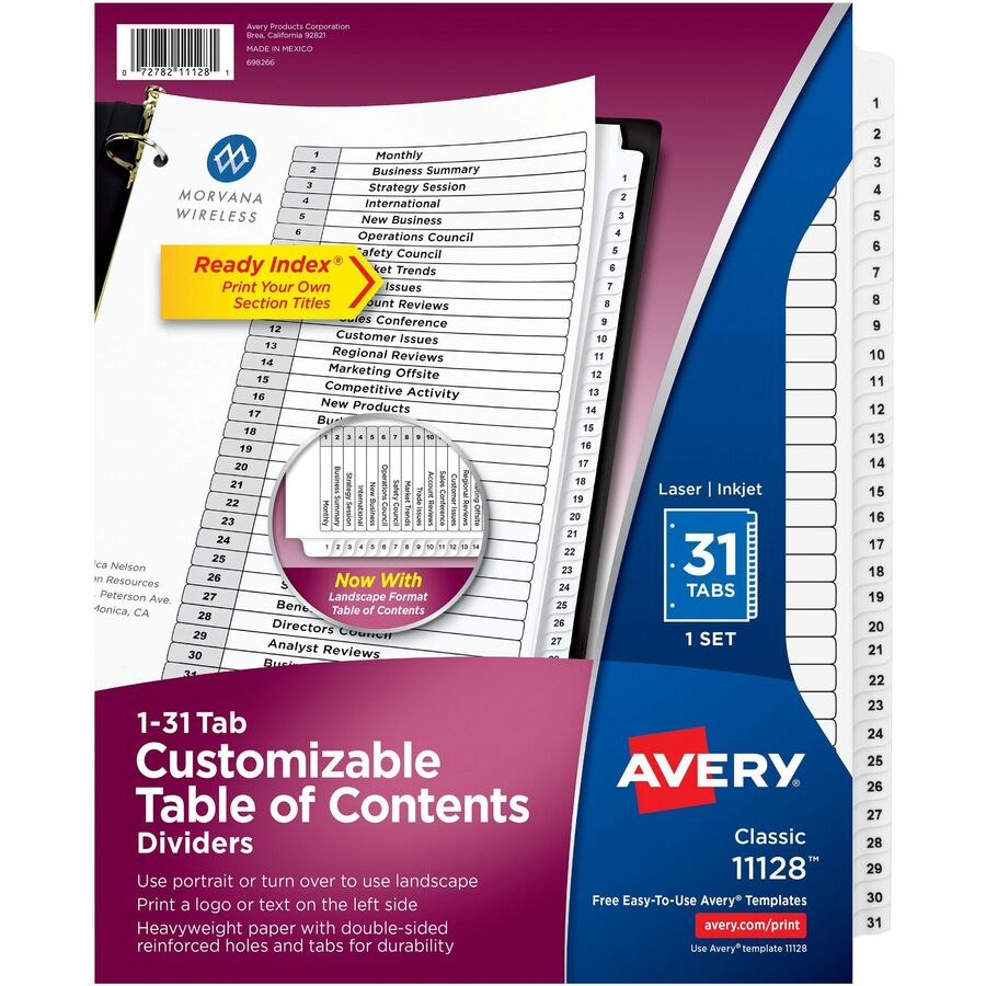 Avery® Ready Index Binder Dividers - Customizable Table of Contents - 31 x Divider(s) - Printed Tab(s) - Digit - 1-31 - 31 Tab(s)/Set - 8.5" Divider Width x 11" Divider Length - Letter - 3 Hole Punched - White Paper Divider - White Tab(s) - 31 / Set