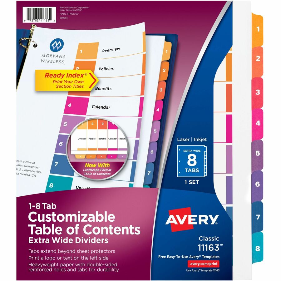Avery® Ready Index Extra-Wide Binder Dividers - Customizable Table of Contents - 8 Printed Tab(s) - Digit - 1-8 - 8 Tab(s)/Set - 9" Divider Width x 11" Divider Length - 3 Hole Punched - Multicolor Paper Divider - 8 / Set